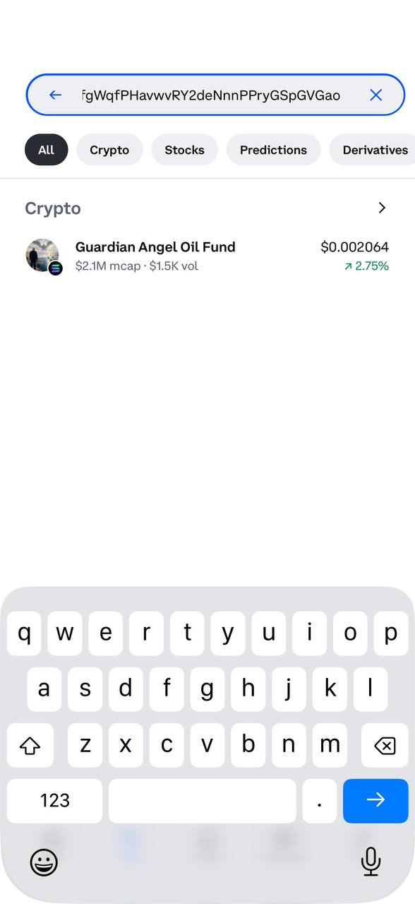 Coinbase app showing Guardian Angel Oil Fund searched by contract address